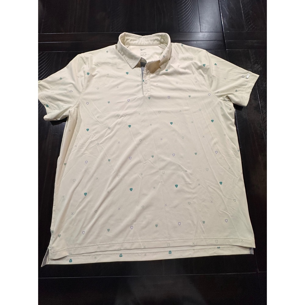 Nike Golf Dri-FIT Polo Shirt Mens XXL Cream Golf Crest Print Short Sleeve